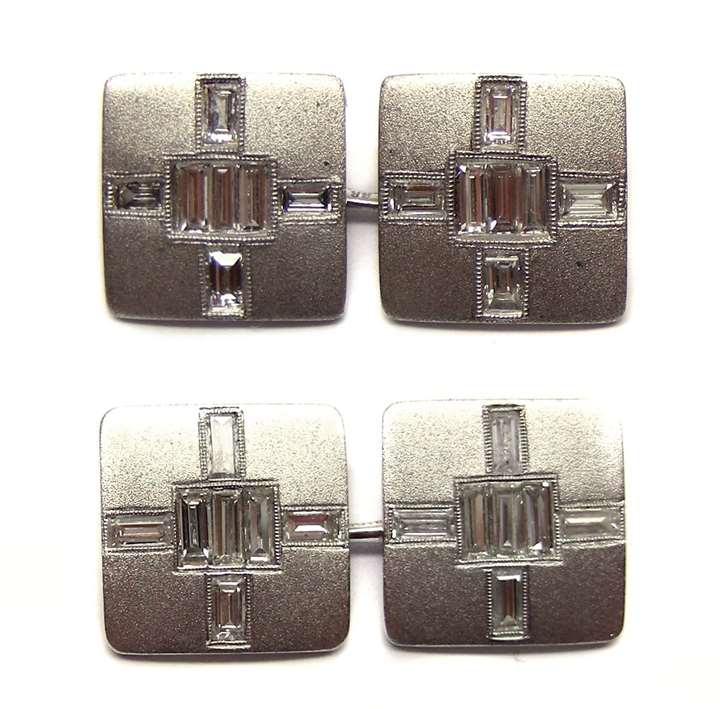 Pair of diamond and platinum square panel cufflinks
